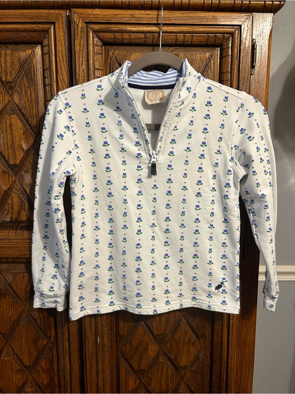 The Beaufort Bonnet Company White Pullover with Blue and Green Floral Motif
